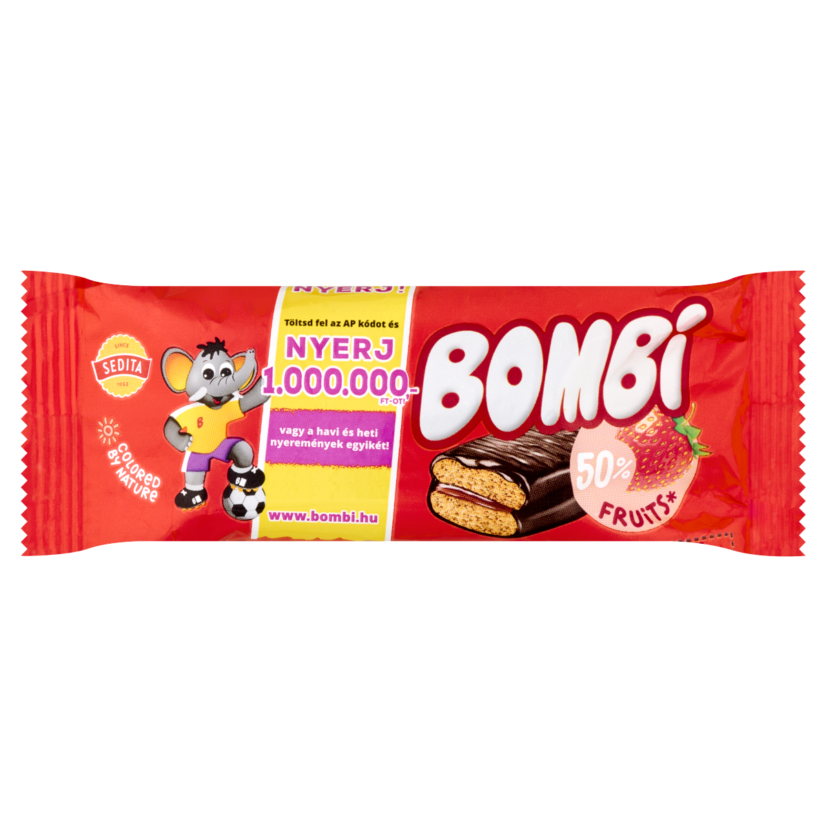 Bombi kakaós bevonómasszába mártott, vegyes gyümölcsös-epres lekvárral töltött puszedli 50 g