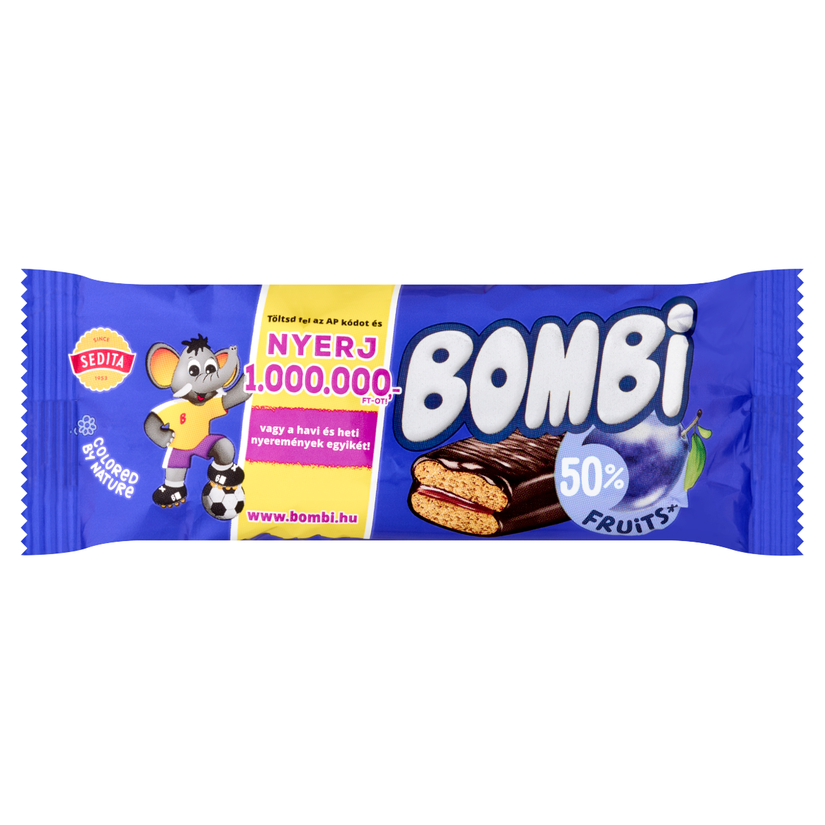 Bombi kakaós bevonómasszába mártott, vegyes gyümölcsös-szilvás lekvárral töltött puszedli 50 g