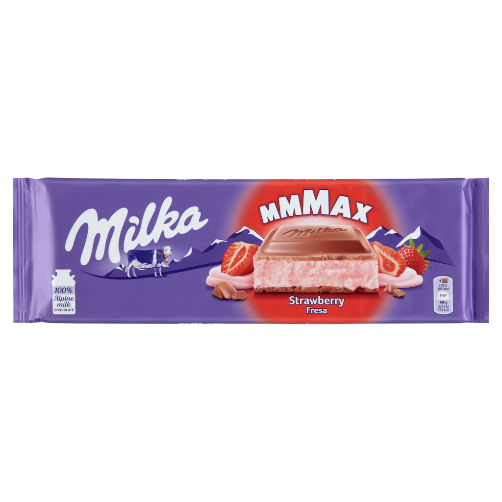 Milka Mmmax alpesi tej felhasználásával készült tejcsokoládé eperízű töltelékkel 300 g