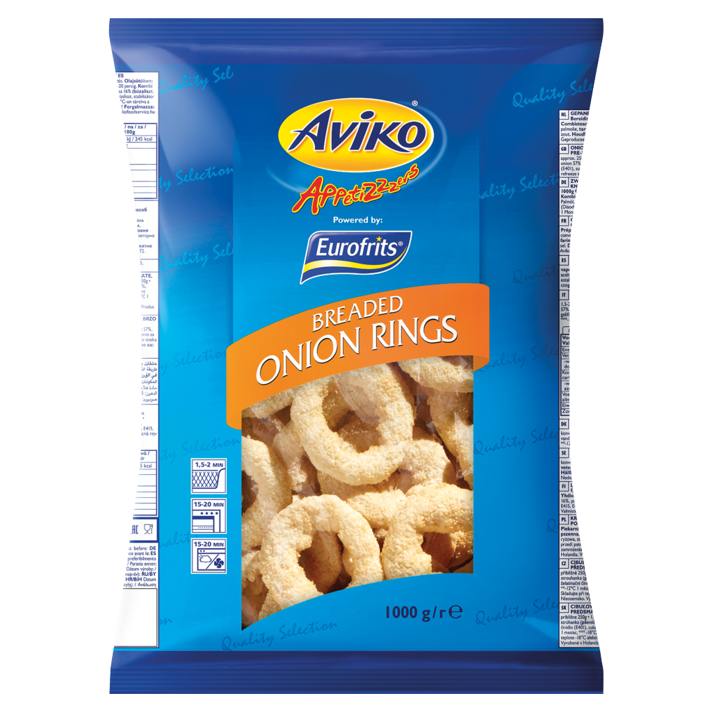 AVIKO Appetizzzers Gyorsfagyasztott, Elősütött Hagymakarikák Ropogós Panírköpenyben 1 kg