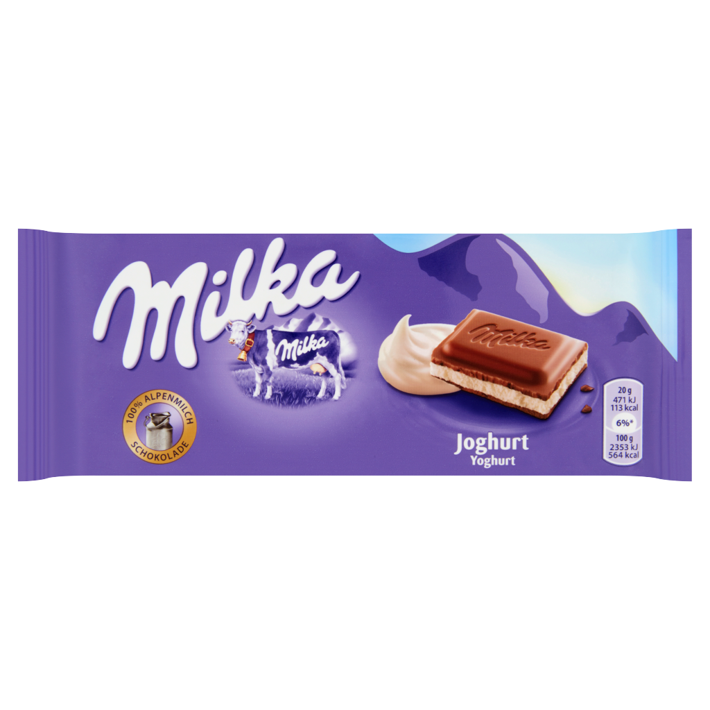 Milka alpesi tej felhasználásával készült tejcsokoládé joghurtos krémtöltelékkel 100 g