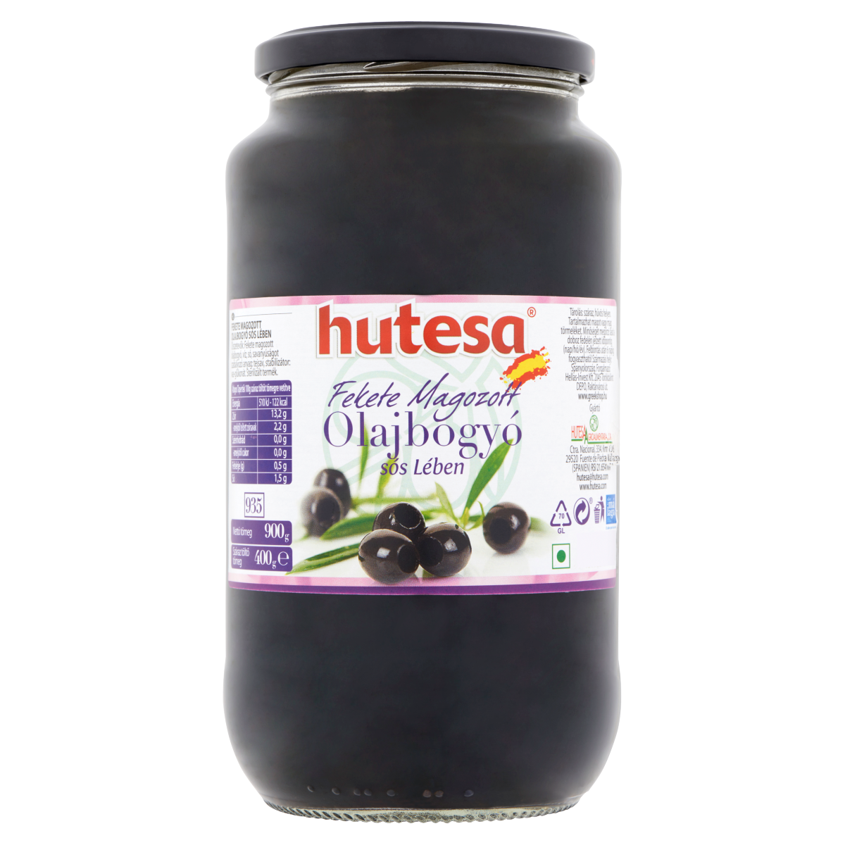 Hutesa Fekete Magozott Olajbogyó Enyhén Sós Lében 900 g