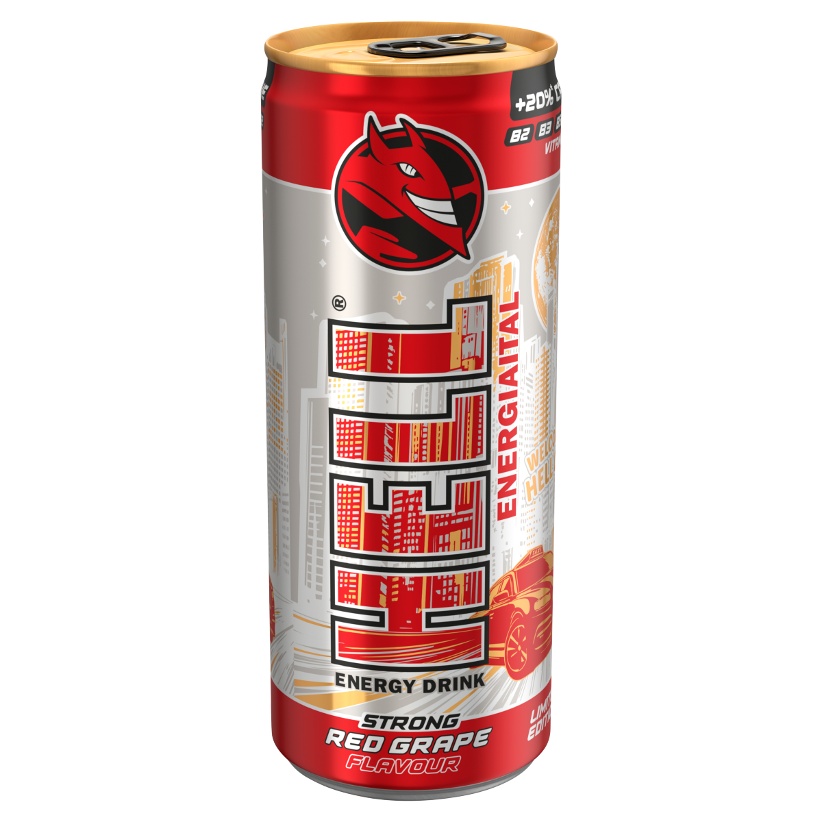 HELL Strong Piros Szőlő- és Tuttifrutti Ízű Koffeintartalmú, Szénsavas Ital 250 ml