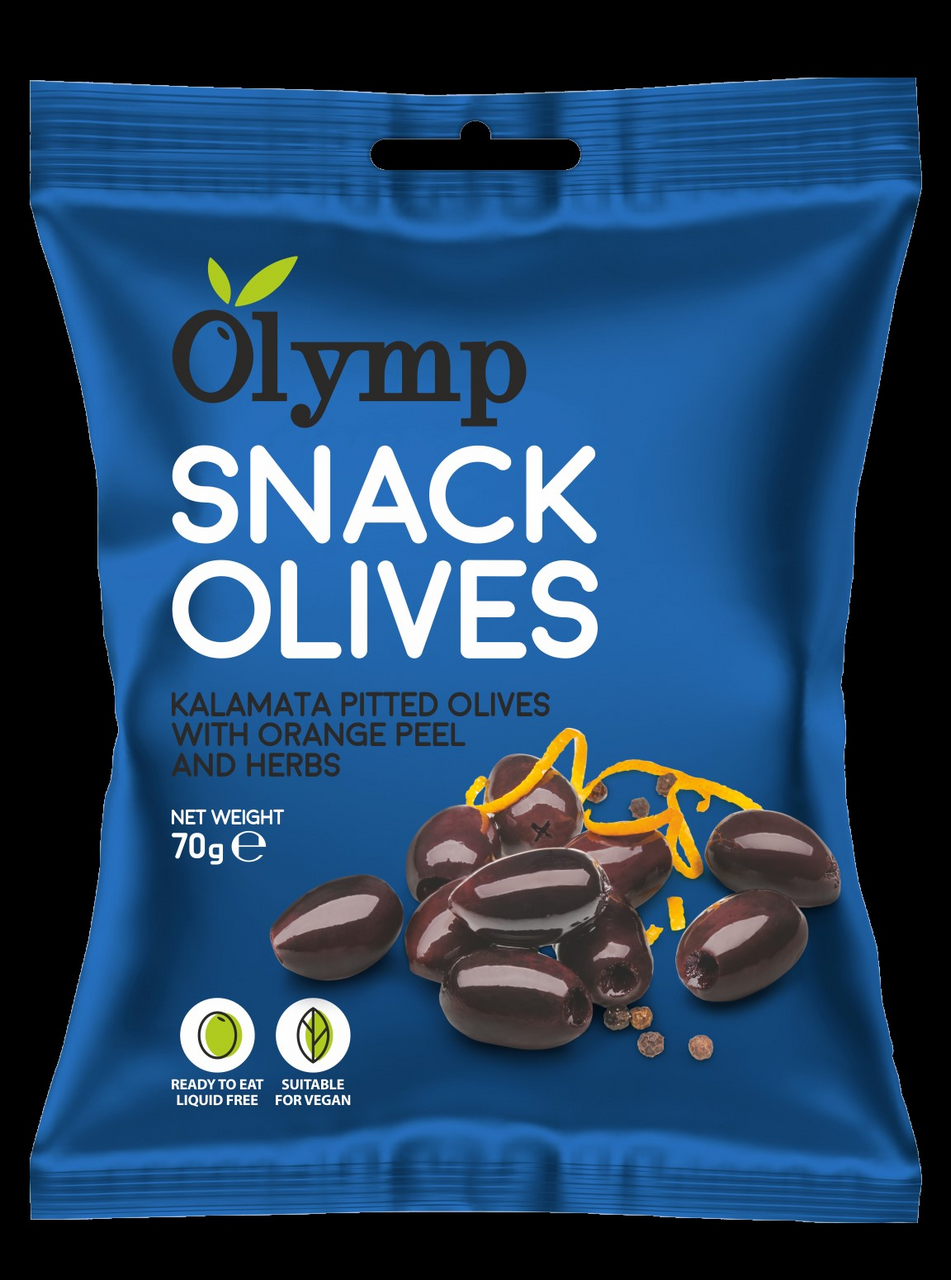 Olymp Snack Olives fűszerezett kalamata magozott olajbogyó narancs héjjal 70 g