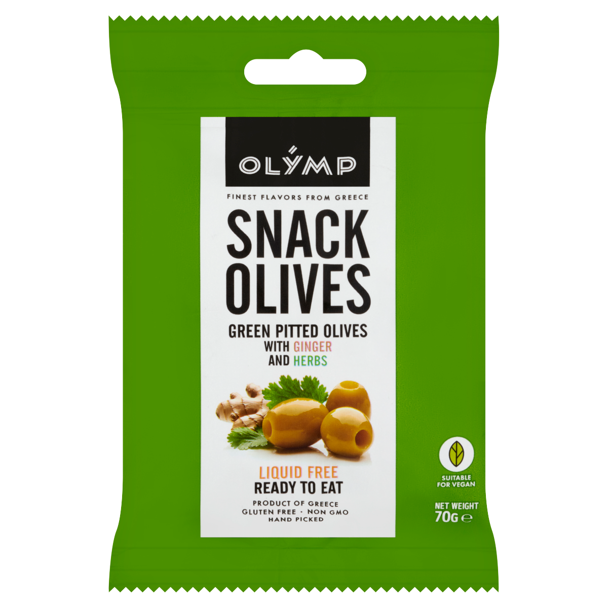 Olymp Snack Olives fűszerezett zöld magozott olajbogyó gyömbérrel 70 g