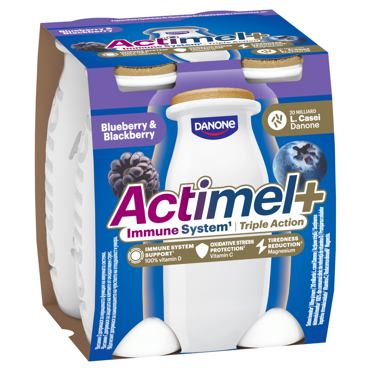 DANONE Actimel+ áfonya- és feketeszeder ízű joghurtalapú ital 4 x 100 g (400 g)