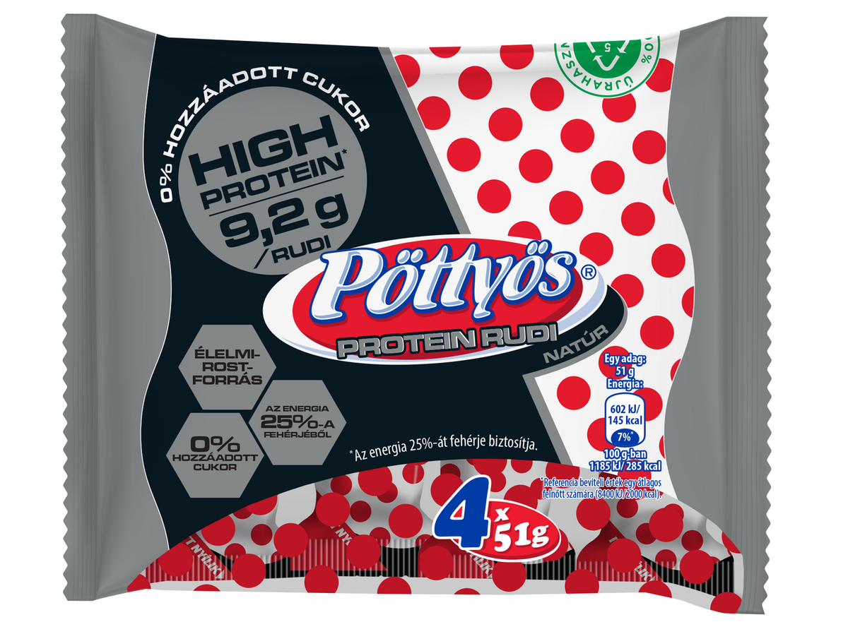 Pöttyös Protein Turó Rudi natúr túródesszert kakaós étbevonattal, édesítőszerekkel 4 x 51 g (204 g)