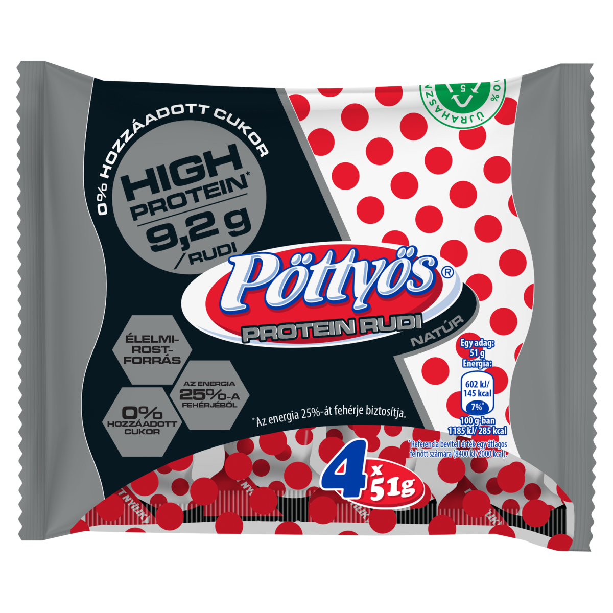 Pöttyös Protein Turó Rudi natúr túródesszert kakaós étbevonattal, édesítőszerekkel 4 x 51 g (204 g)